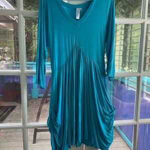 Bright turquoise lotus traders baby doll , 3/4 sleep rayon stretchy soft dress